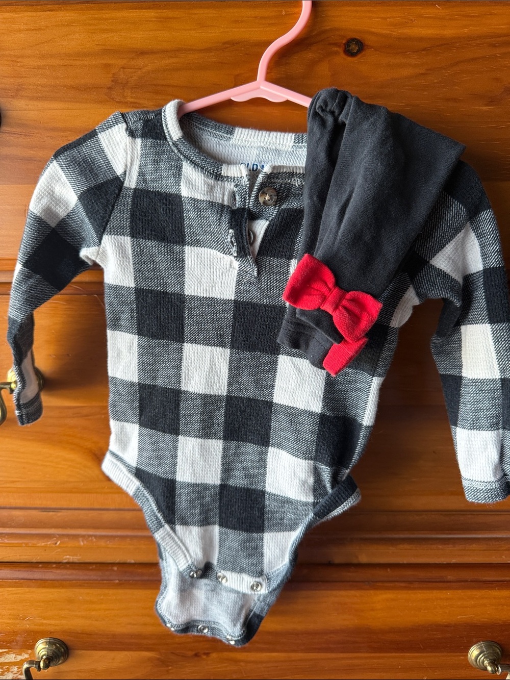 Old Navy Black & White Buffalo Plaid One-Piece with Red Bow Accent